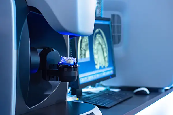 A high-tech dental scanner used for designing same-day crowns with a 3D model displayed on a monitor at Riverwind Dental in Henrico, VA